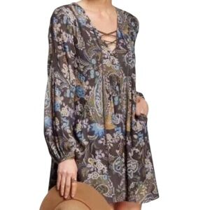EUC Free People Rain or Shine Grey Paisley Tunic Top / Dress Size XS